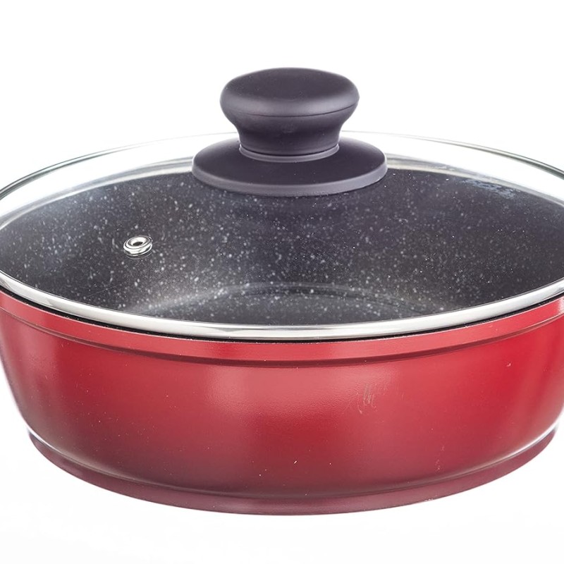 Nouvetta Die Cast Non Stick Kadhai with Glass Lid ( 24 cm, 3 Coat, 4.5mm Thickness), Red & Black Nouvetta Die Cast Non Stick Kadhai with Glass Lid ( 24 cm, 3 Coat, 4.5mm Thickness), Red & Black