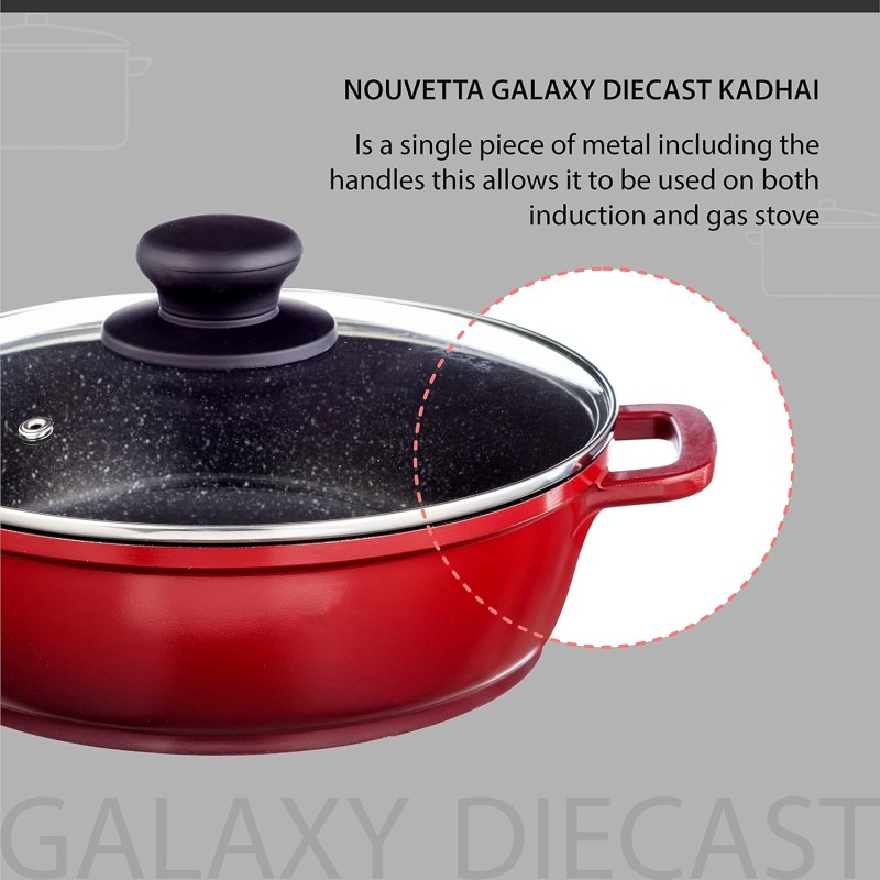 Nouvetta Die Cast Non Stick Kadhai with Glass Lid ( 24 cm, 3 Coat, 4.5mm Thickness), Red & Black Nouvetta Die Cast Non Stick Kadhai with Glass Lid ( 24 cm, 3 Coat, 4.5mm Thickness), Red & Black